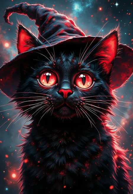Giant void cat, a cosmic creature wearing a whimsical wizard hat, its captivating eyes filled with swirling galaxies and stars in deep red and black hues. The intense black fur glows with vibrant crimson highlights, creating an ethereal and mystical atmosphere. Surrounded by glowing nebulae swirling like dark shadows, the celestial backdrop is a starry night sky, enhancing the surreal and otherworldly feel. The cat's detailed fur texture sparkles with stardust, and its mysterious, powerful expression radiates a haunting cosmic energy. Ultra-high resolution, (best quality), (high quality