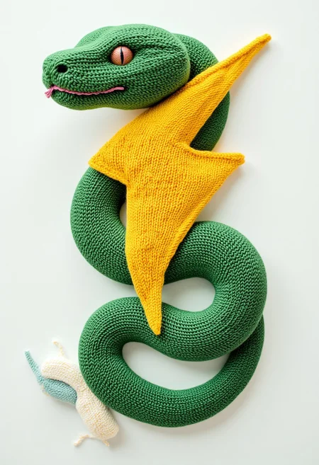 A green snake curled around a yellow lightningbolt symbol, knitted style