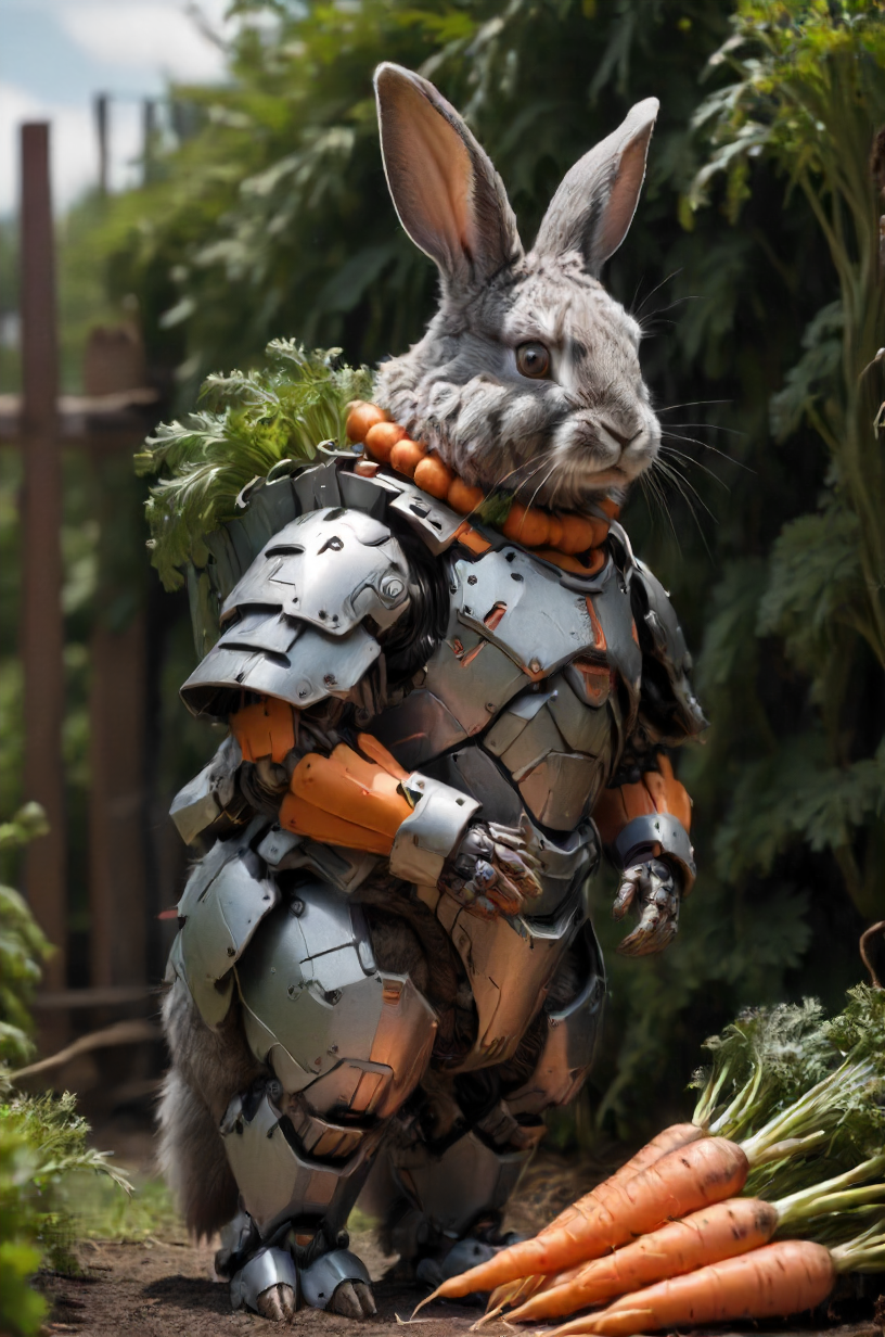 side view of a rabbit-robot wearing fluffy heavy (armored:1.2) (carrots:1.2), garden backdrop, <lora:- SDXL - hevy_armored_mechvari_V1.5:.8>