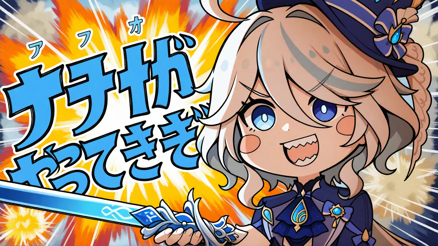 1girl, furina \(genshin impact\), genshin impact,
very awa, sword, holding sword, yatte kitazo, explosion, bright pupils, open mouth, sharp teeth, smile, blush stickers, holding, v-shaped eyebrows, weapon, teeth, ahoge, holding weapon, solo,
masterpiece, best quality, newest, highres, absurdres
<lora:NoobV065sHyperDmd:1> <lora:Akari_Ga_Yatte_Kitazo_IXL20:1>