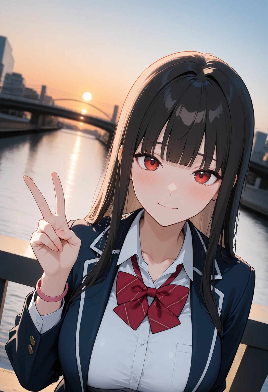 masterpiece,best quality,amazing quality,newest,absurdres,highres, newest,very awa, scenery, anime,flat color,
from front, portrait,dutch angle,
1girl, beautiful face, perfect eyes, detailed eyes,mature female,
black hair,long hair, straight hair,blunt bangs,light smile, , looking at viewer, blush,
red eyes,
large breasts,collarbone,
seifuku,collared shirt, plaid red bowtie, open blazer, small pink wristlet,
v,hand up, urban,on bridge, bridge,
depth of field, sunset,volumetric light,blurry background,backlighting,photo background,