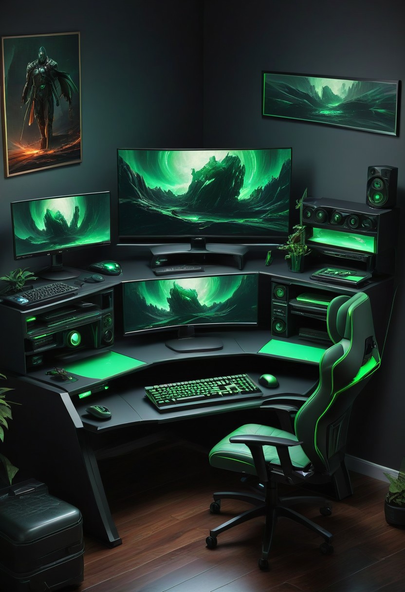 desk, gaming computer, computer, green light, 2 monitors, keyboard, mouse, the desk is in a corner, gaming chair