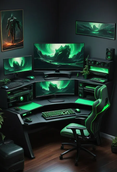 desk, gaming computer, computer, green light, 2 monitors, keyboard, mouse, the desk is in a corner, gaming chair
