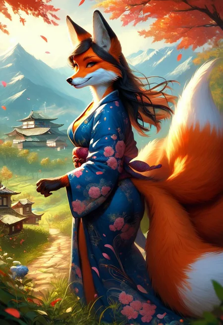 score_9_up,score_8_up,score_7_up,(masterpiece),(best quality),hyper detailed,perfect anatomy,anthro fox girl,foxfolk,dazzling,perfect face,
sexy,seductive,long hair,cleavage,black hair,print_kimono,furisode,orange furr,
wind_lift,dusk,outdoor,in spring,falling petals,cherry blossoms,looking_back,looking_at_viewer,dynamic_angle,photo realistic,