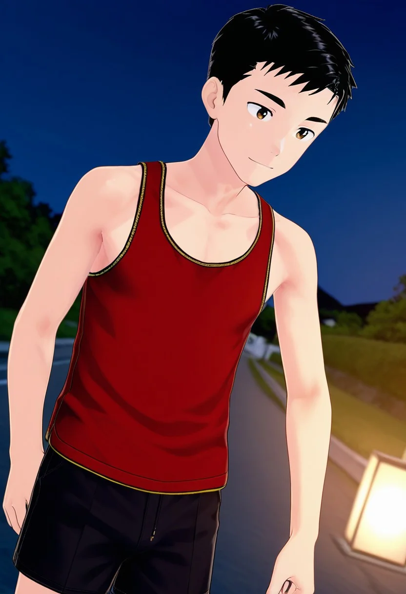 harmard, black hair, short hair, brown eyes, 1boy, solo, solo focus, red tank top, black shorts, young man, youthful, outdoor, at night day, small body