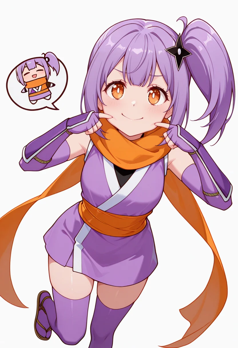 masterpiece,high quality details, absurdres,
 <lora:Satoko_Kusagakure:0.8>
satoko_cnr, 1girl, purple hair, long hair, side ponytail, bangs, orange eyes,hair ornament,sidelocks, enh_cnr,
satoko_s1, ninja, japanese clothes,short kimono, sleeveless, sash, scarf, purple thighhighs, sandals, fingerless gloves, elbow gloves,, simple background, white background, front view,solo,, forced smile,lonely,, =^=,