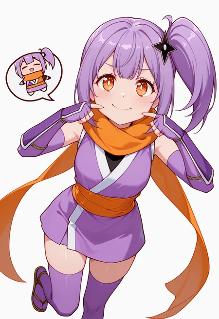 masterpiece,high quality details, absurdres,
 <lora:Satoko_Kusagakure:0.8>
satoko_cnr, 1girl, purple hair, long hair, side ponytail, bangs, orange eyes,hair ornament,sidelocks, enh_cnr,
satoko_s1, ninja, japanese clothes,short kimono, sleeveless, sash, scarf, purple thighhighs, sandals, fingerless gloves, elbow gloves,, simple background, white background, front view,solo,, forced smile,lonely,, =^=,