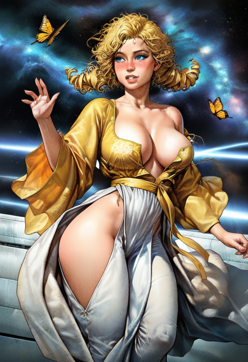 masterpiece, best quality, amazing quality, western_comics_(style) , 1girl, solo, large breasts, Jumping, mimicking catching a butterfly, vanishing_point, Blush hanfu, twin drills, marcel wave, Dirty Blonde hair, space station, cowboy_shot, <lora:Illustrous\paolo_eleuteri_serpieri_IL:1.0>