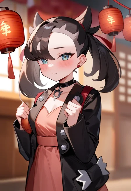 masterpiece,best quality,very aesthetic,absurdres,<lora:marnie_(pokemon):1>,qhighres, chinese_new_year, choker, blush, 1girl, holding, solo, translated, happy_new_year, red_ribbon, upper_body, marnie_\(pokemon\), chinese_commentary, black_jacket, simplified_chinese_text, hair_ribbon, open_jacket, hands_up, paper_lantern, closed_mouth, pink_dress