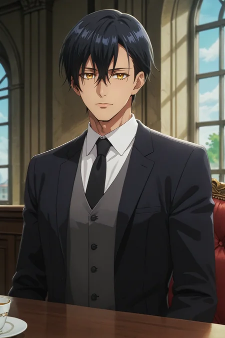 score_9, score_8_up, score_7_up, source_anime, rating_safe, , (realistic:0.6), , depth of field, 1boy, solo, male focus, , , <lora:noah_wynknight:0.98>,noah wynknight,black hair,golden eyes,short hair,bangs,hair between eyes,looking at viewer, shirt, long sleeves, closed mouth, sitting,chair,table, jacket, white shirt, upper body, necktie, collared shirt, indoors,grey vest, window, expressionless, formal, suit, black necktie,from below, , , <lora:sdxl_lightning_8step_lora_315544:1>