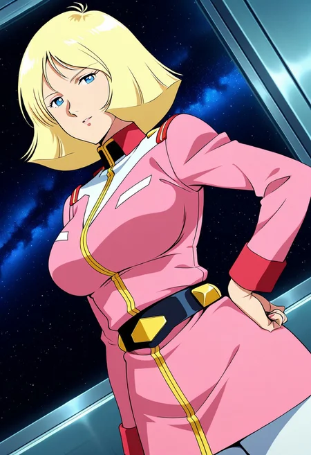 general,highres, ultra-detailed,very aesthetic,best quality ,best hands,best eyes,easynegative,
dynamic anglre, dutch angle, anime cloring,anime screencap,
1girl solo,looking at viewer,space ship, hand on hip, 
Sayla Mass,blonde_hair, short_hair, blue_eyes, huge_breasts,pink military uniform,