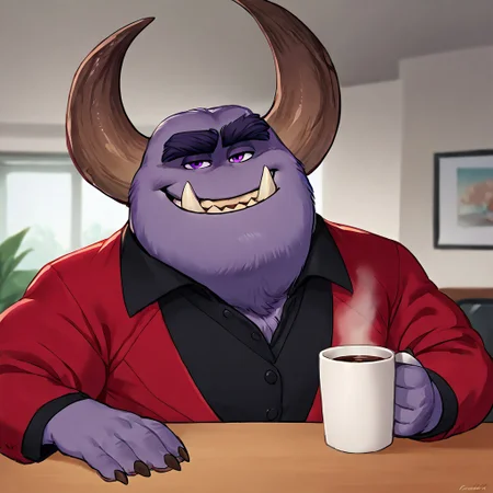 Expressiveh, solo, score_9, score_8_up, score_7_up, score_6_up, score_5_up, score_4_up, source_furry, hi res, johnny worthington, monster, satan-like monster, big horns, purple fur, upward-facing fangs, noseless, thick eyebrows, muscular, slighty chubby, purple eyes, claws, mature male, anthro, holding a cup of coffee, smiling, smirk, seated in a desk chair, bust shot, male, looking at viewer, formal, red shirt, black t-shirt, bottomless