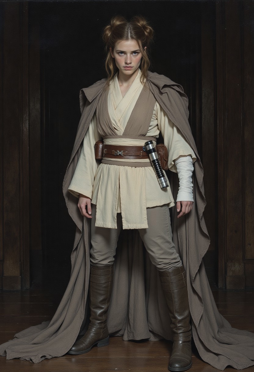 Rembrandt style, masterpiece iconic realistic portrait of Rey Skywalker from Star Wars, semi-realistic portrait, hazel eyes, brown hair in triple-bun style, fair skin with brief freckles, slender but muscular build. Wears grey capri-length pants, dark grey boots, a white shirt with a grey vest, and a hooded grey cape. White or grey arm wraps, leather belt around her waist. <lora:MysticXXX-V6:0.6>, <lora:test:0.8>, baroque, chiaroscuro, realistic, emotional, flat lighting, Studio Ghibli Dark Fairytale, jedioutfit