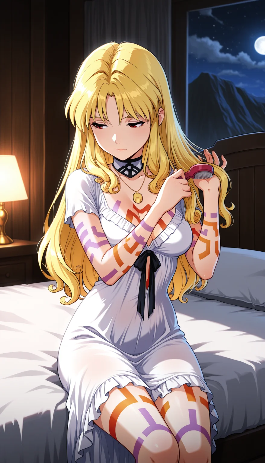 masterpiece,best quality,amazing quality, 1girl, lunar_sssc_xenobia, hair down, nightgown, brushing own hair, tattoo, peaceful, sitting on bed