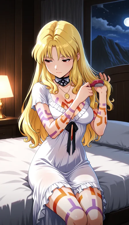 masterpiece,best quality,amazing quality, 1girl, lunar_sssc_xenobia, hair down, nightgown, brushing own hair, tattoo, peaceful, sitting on bed