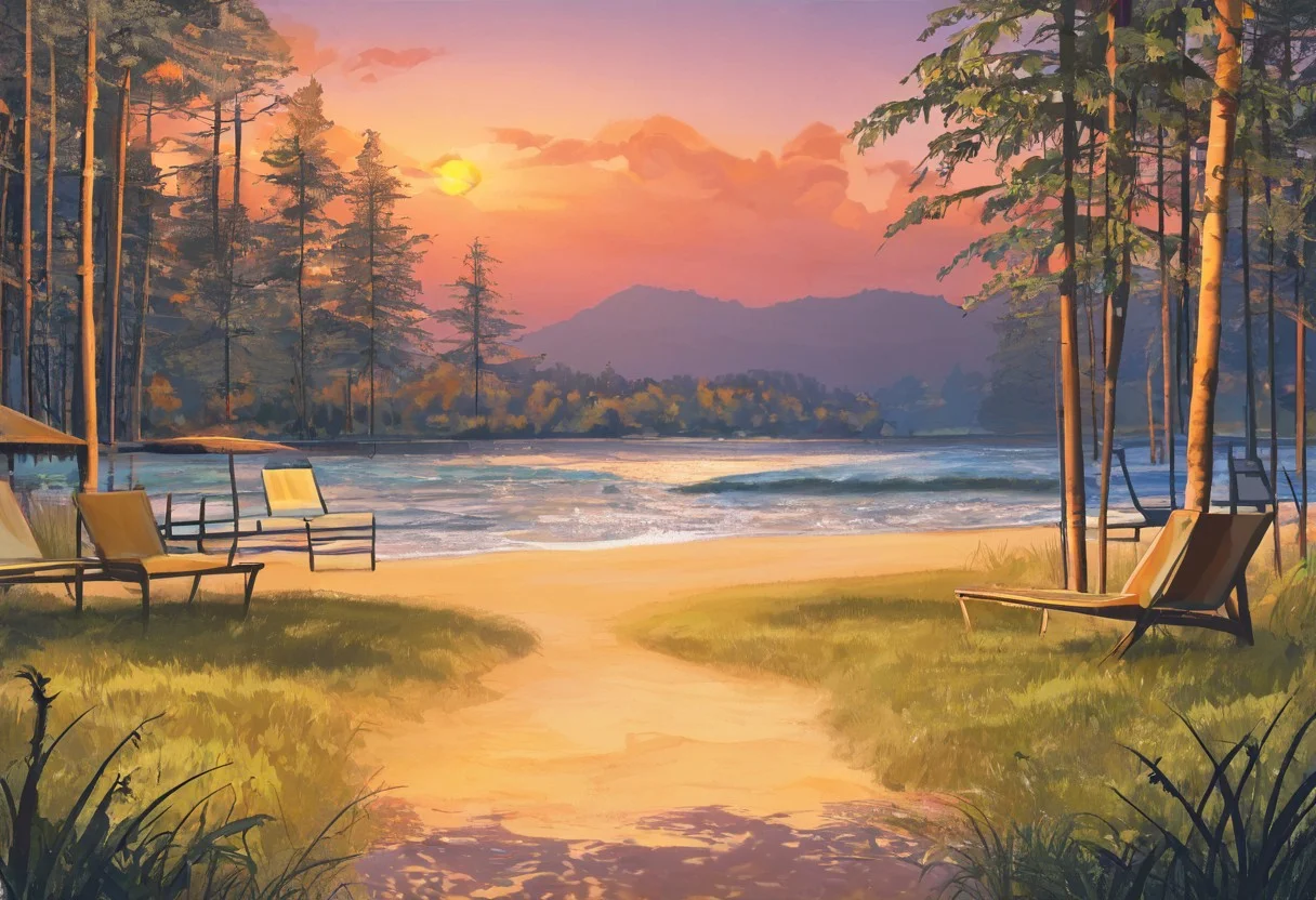 "beautiful evening beach scene on the southern coast of Russia in the style of 'Everlasting Summer', stunning red sunset, vivid red and orange hues in the sky, soft warm light reflecting off the gentle waves, a few lush green birch trees to the side, golden sandy shore, scattered seashells glistening in the fading light, calming and serene atmosphere, soft breeze rustling through the leaves, distant seagulls flying over the horizon, small bonfire with warm glow illuminating the sand, cozy beach chairs and a surfboard leaning against a birch tree, a couple of lanterns casting soft shadows, gentle lapping of waves on the shore, romantic and inviting ambiance, highly detailed, vibrant colors, ultra-high-definition, cinematic composition, digital painting, visual novel style, inspired by 'Everlasting Summer'"