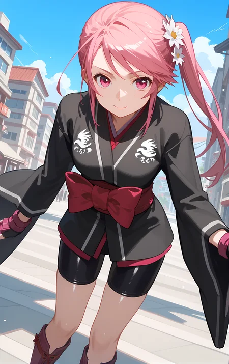 (score_9, score_8_up, score_7_up), standing, leaning forward, looking at viewer, light smile, closed mouth, shiny skin, tight clothes,
ohwx, 1girl, solo, side_ponytail, pink_hair, pink_eyes, bow, long_hair, hair_flower, flower,
japanese_clothes, fingerless_gloves, gloves, kimono, black_kimono, bike_shorts, boots,
fantasy city,
cowboy shot, dutch angle, close-up,
<lora:benitsubasa_pony_ss:1>