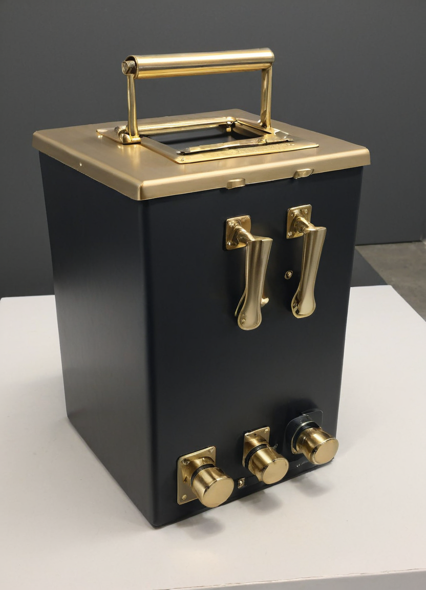 advertising for a (blngvsl) item, sleek design, modern and stylish, fancy matte black paint, golden handles, 
 <lora:British_Army_Boiling_Vessel_SDXL:1>