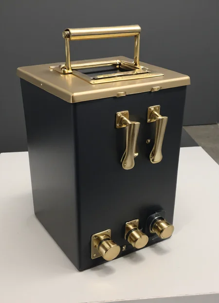 advertising for a (blngvsl) item, sleek design, modern and stylish, fancy matte black paint, golden handles,
<lora:British_Army_Boiling_Vessel_SDXL:1>