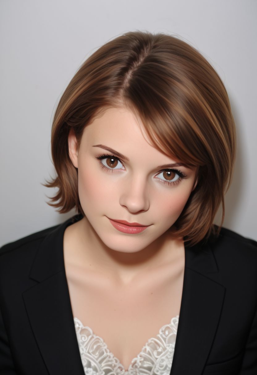 Masterpiece, (hasselblad 907x, sharp focus), photo-portrait, (3/4 view:1.5), (from above:0.8), (upper body:1.2), gorgeous woman, detailed face, short hair, <lora:Kate:1.8>, elegant, breathtaking, award winning photography, cinematic lighting,
