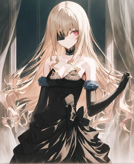 masterpiece,best quality,very aesthetic,absurdres, artist:gomzi,artist:wanke,
1girl, noel cerquetti, red eyes, blonde hair, long hair, black eyepatch, left eye covered,
black eyepatch, black dress, lace-trimmed bustier, black choker, black bow, fur-trimmed gloves, elbow gloves, strapless,
black pantyhose,
<lora:noel_cerquetti.noobaixl:1>