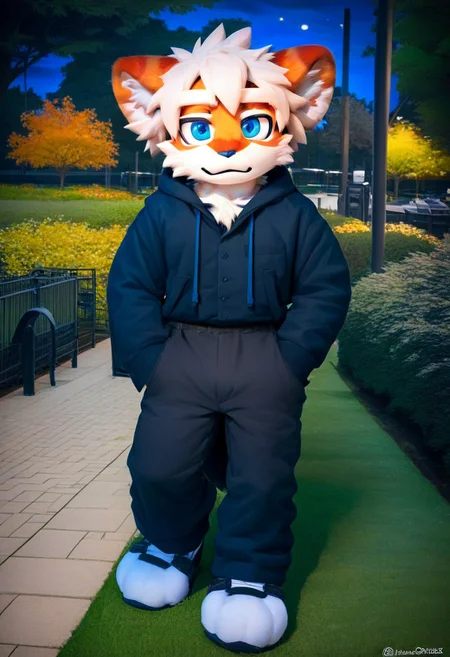score_9_up, score_8_up, score_7_up, source_furry, mikus-sona, fursuit, furry focus, furry style, furry costume, anthropomorphic, anthro, milkytiger, tiger ears, tiger boy, white eyebrows, blue eyes, 1boy, solo, ((park, night))