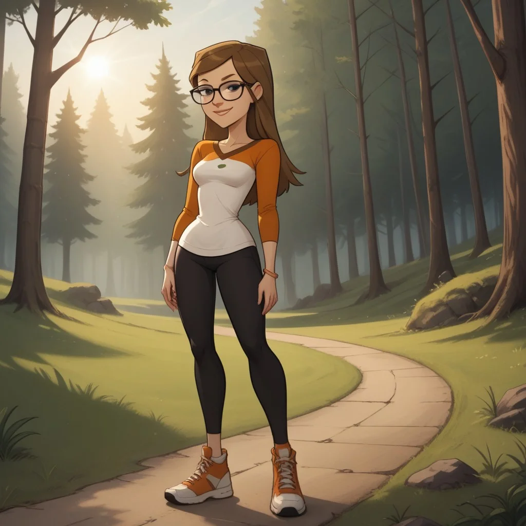 score_9, score_8, BREAK, solo, 1girl, multicolored long sleeves, undershirt, leggings, glasses, brown hair, long hair, black eyes, sneakers, breasts, total drama, Mary_(Total_Drama), tdtrr, cute, bracelet, sexy pose, full body, smile, outdoors, sunlight, shadows, evening lighting, natural lighting, forest, trees, grass, orange sky, sunset