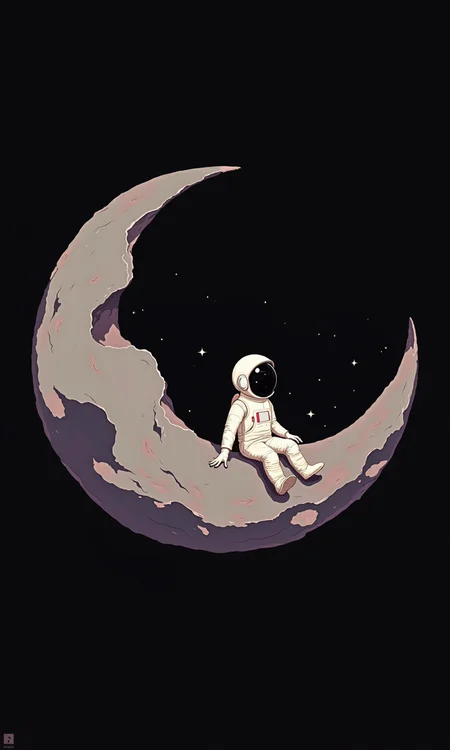 A simple, stylized illustration of a cartoon astronaut sitting on a crescent moon.
The astronaut is depicted in a classic space suit, with a dark helmet and a lighter-colored suit. The astronaut is positioned as if sitting on the edge of the moon, their hands resting loosely near their body.
The crescent moon is a light gray, with several small, darker gray-purple spots scattered across its surface, suggesting craters.
The background is entirely black, drawing attention to the moon and the figure on it. The colors are bold, and the design is clean and uncomplicated.
<lora:FLUX-daubrez-DB4RZ-v2:1> DB4RZ, DB4RZ style painting