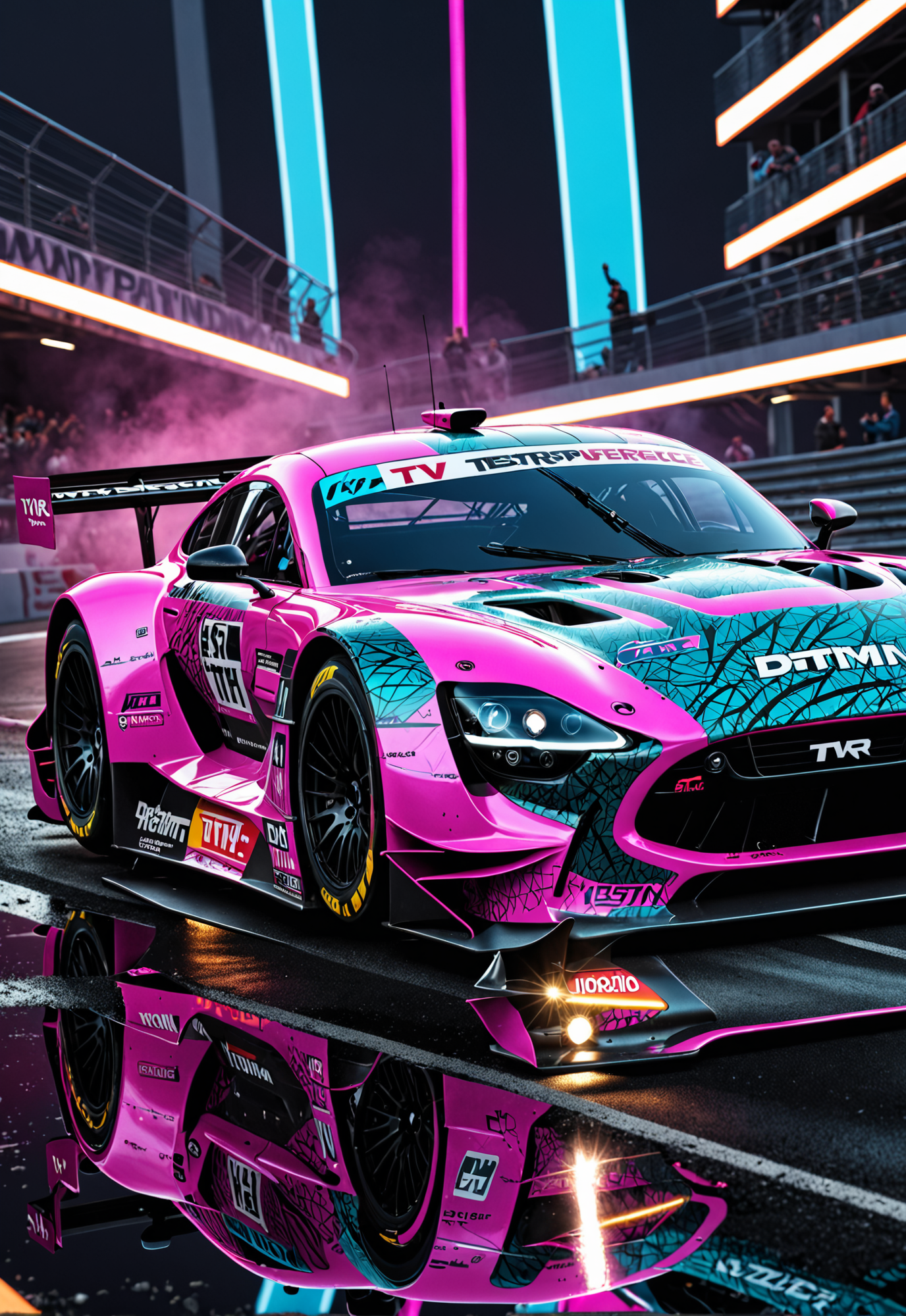 dynamic angle, masterpiece, award winning picture,  TVR DTM car racing, futuristic background, hyper detailed, intricate, neon poster, artstation, epic, ultra detail, intricate details, UHD