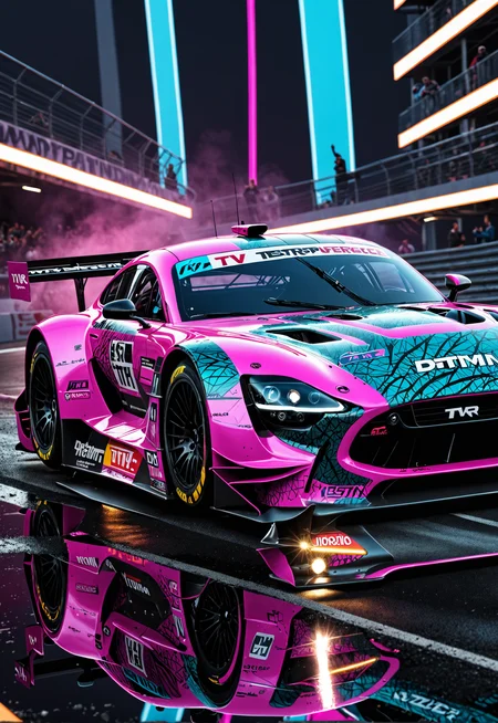 dynamic angle, masterpiece, award winning picture, TVR DTM car racing, futuristic background, hyper detailed, intricate, neon poster, artstation, epic, ultra detail, intricate details, UHD