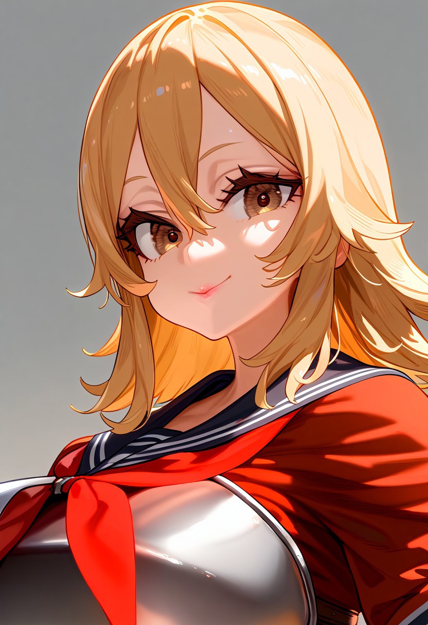 (masterpiece:1.2, best quality), (finely detailed eyes: 1.2) (ultra-detailed, hires), (detailed face, detailed eyes), (best illumination), detailed glow, high contrast, looking at viewer, ((solo)), smile, closed mouth, 1girl, huge breasts, wide hips, thick thighs, centurii-chan, blond hair, brown eyes, hair between eyes, medium hair, fluffy hair, bangs, armor, ((breastplate)), dress, neckerchief, red neckerchief, red dress, short dress, short sleeves, pink lips, skindentation, upper body, no background, empty background, (masterpiece, best quality, very aesthetic, absurdres), (ultra detailed perfect piece:1.2), illustration, masterpiece, (extremely detailed CG 8k), (very fine 8K CG), <lora:add-detail-xl:-1>