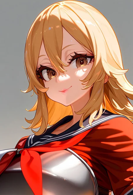 (masterpiece:1.2, best quality), (finely detailed eyes: 1.2) (ultra-detailed, hires), (detailed face, detailed eyes), (best illumination), detailed glow, high contrast, looking at viewer, ((solo)), smile, closed mouth, 1girl, huge breasts, wide hips, thick thighs, centurii-chan, blond hair, brown eyes, hair between eyes, medium hair, fluffy hair, bangs, armor, ((breastplate)), dress, neckerchief, red neckerchief, red dress, short dress, short sleeves, pink lips, skindentation, upper body, no background, empty background, (masterpiece, best quality, very aesthetic, absurdres), (ultra detailed perfect piece:1.2), illustration, masterpiece, (extremely detailed CG 8k), (very fine 8K CG), <lora:add-detail-xl:-1>