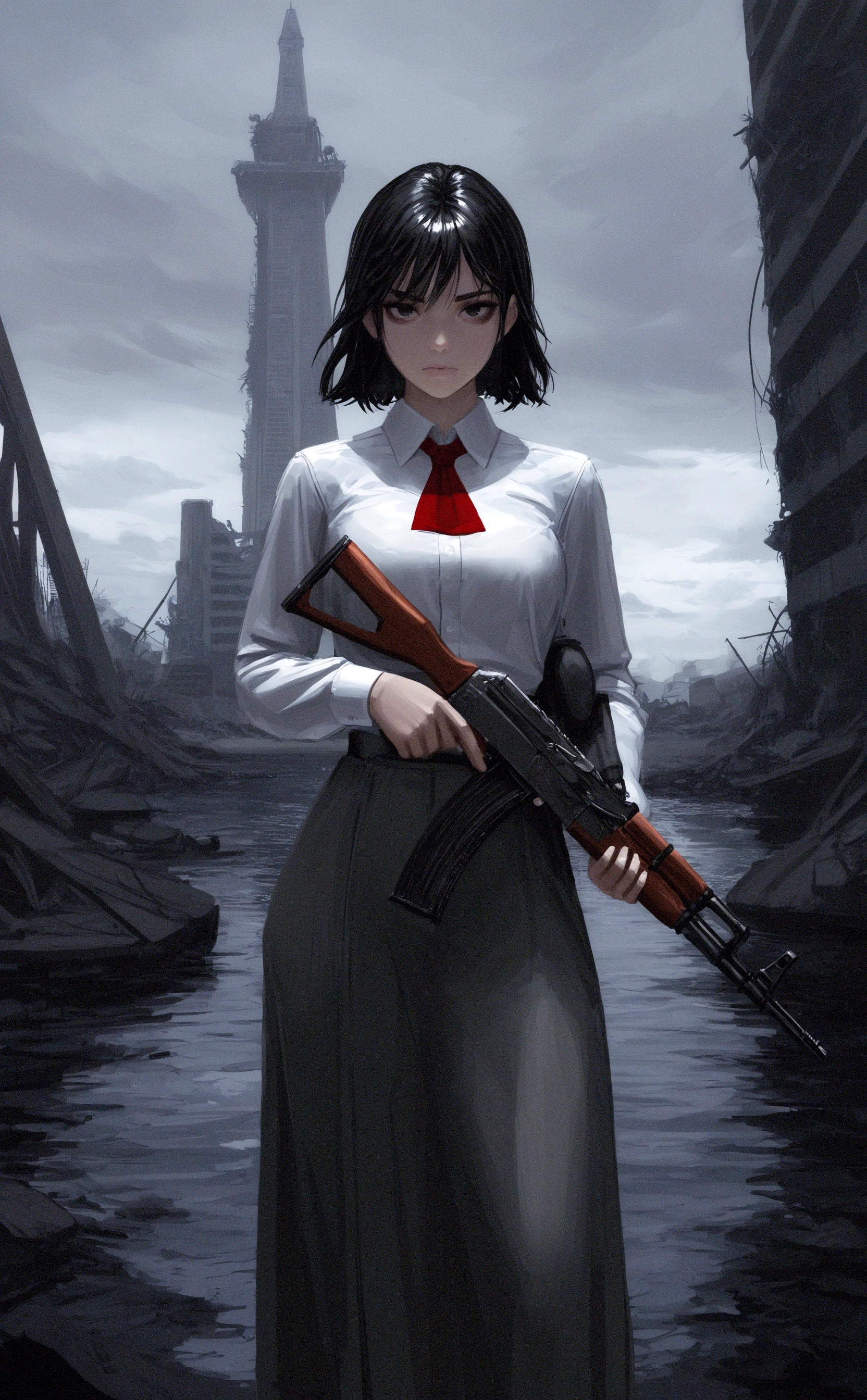 masterpiece, best quality, amazing quality, high quality, highres, 1girl, solo, looking at viewer, short hair, shirt, skirt, black hair, long sleeves, standing, white shirt, outdoors, sky, collared shirt, medium hair, cloud, water, black eyes, gun, ascot, holding gun, grey skirt, long skirt, red ascot, wide shot, ruins, tower, kalashnikov rifle, ak-47, gwzs, detailed drawing, <lora:noobai_ep11_stabilizer_v0.138_fp16:0.3> <lora:nhl-003:0.7> <lora:GWZS-IL:0.8>