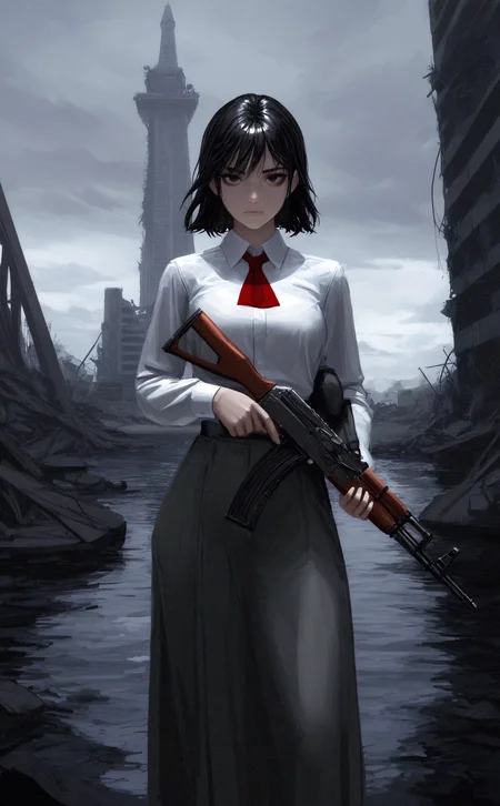 masterpiece, best quality, amazing quality, high quality, highres, 1girl, solo, looking at viewer, short hair, shirt, skirt, black hair, long sleeves, standing, white shirt, outdoors, sky, collared shirt, medium hair, cloud, water, black eyes, gun, ascot, holding gun, grey skirt, long skirt, red ascot, wide shot, ruins, tower, kalashnikov rifle, ak-47, gwzs, detailed drawing, <lora:noobai_ep11_stabilizer_v0.138_fp16:0.3> <lora:nhl-003:0.7> <lora:GWZS-IL:0.8>