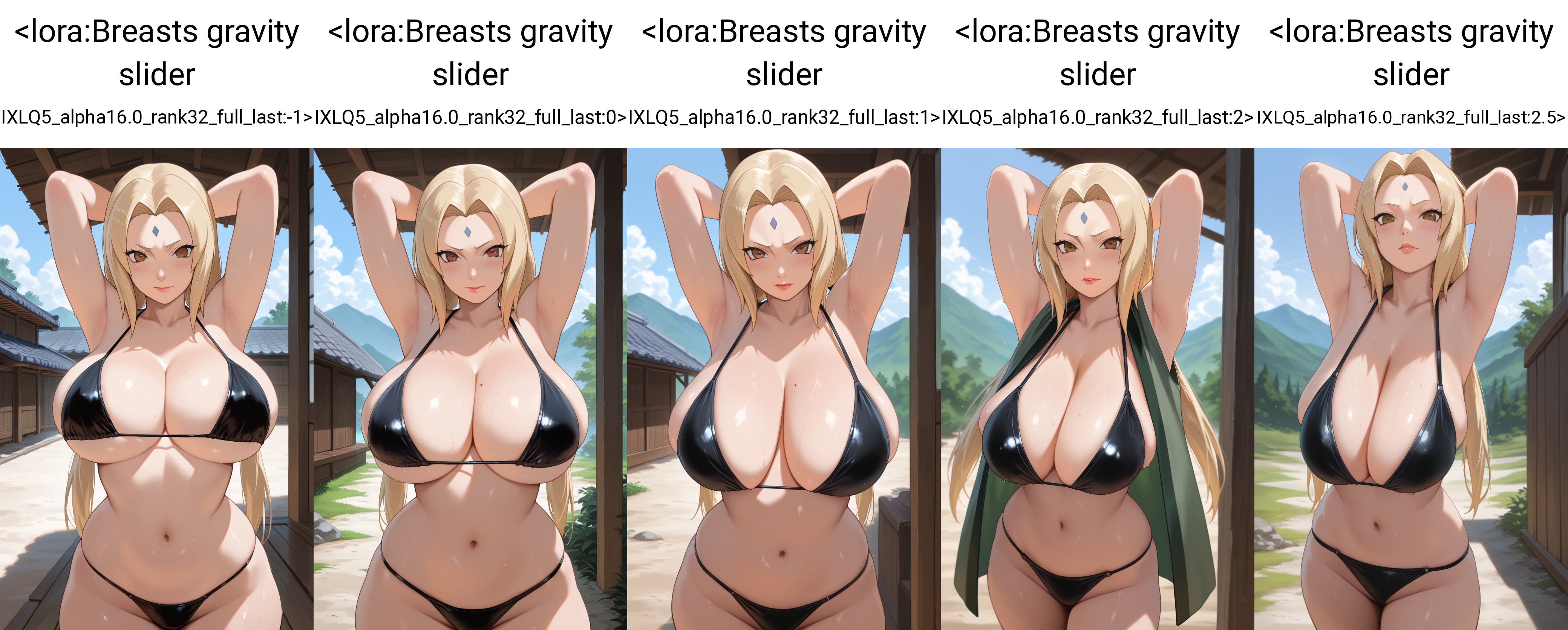 masterpiece, best quality, 1girl, tsunade \(naruto\), black bikini, standing, arms behind head, looking at viewer, front view, outdoors,    <lora:Breasts gravity slider IXLQ5_alpha16.0_rank32_full_last:-1>