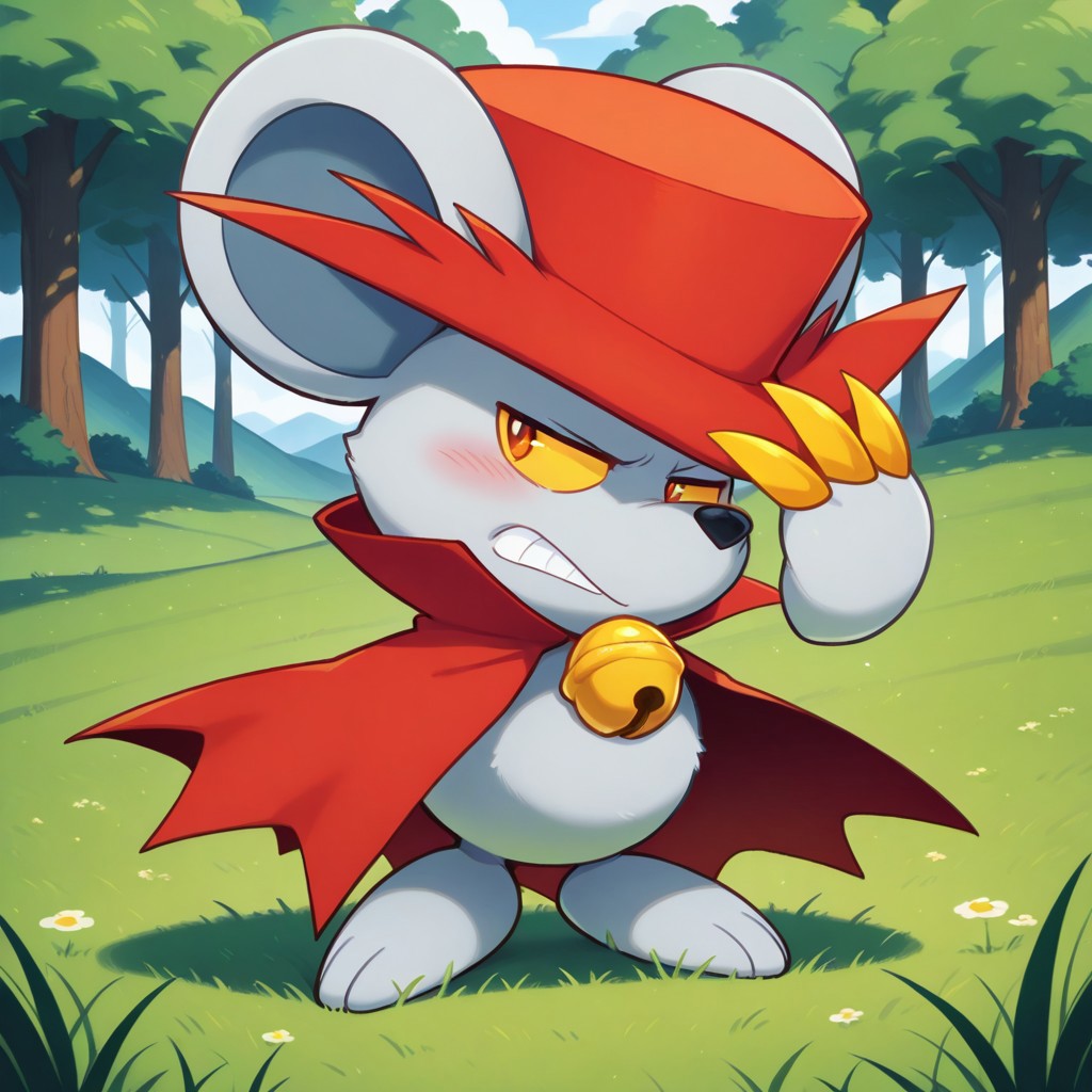 <lora:Daroach_Kirby_-_Illustrious:1> Daroach, 1boy, red cape, red hat, bell, full body, hand on hat, looking at viewer, blush, looking away, annoyed, clenched teeth, hills, trees, grass, 3 fingers, masterpiece, masterwork,