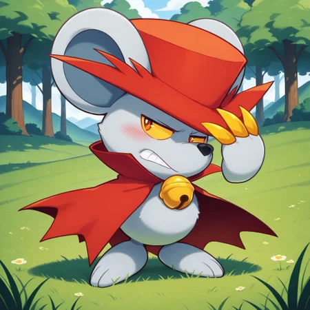 <lora:Daroach_Kirby_-_Illustrious:1> Daroach, 1boy, red cape, red hat, bell, full body, hand on hat, looking at viewer, blush, looking away, annoyed, clenched teeth, hills, trees, grass, 3 fingers, masterpiece, masterwork,