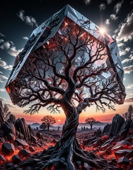 detailed realistic photo, translucent obsidian glass, lone tree in a field, strong branches, defined twigs, clear sky, silhouette, no leaves, , crystal ground, black glass wood, mysterious, highly detailed, 4k —combined conditioning— detailed realistic photo, translucent obsidian, black glass, dim red glow, geometric , mysterious, highly detailed, 4k <lora:_general\xl_spo_sdxl_10ep_4k-data_lora_webui:0.50>