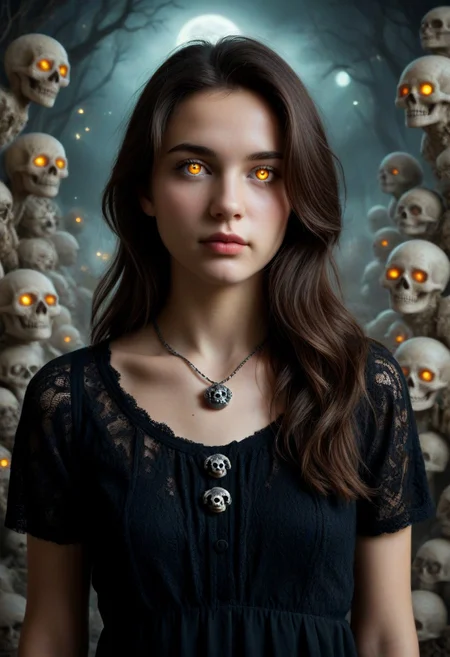 1girl, black dress, cowboy shot, dynamic view, no pattern dress, Hd, high quality, ultra realistic, detailed, slimes_skullwm, made of skulls, spooky skull background, light smile, PG, no teeth, portrait, looking afar, stoic, brunette, beautiful, necklace, glowing pupils, dim light