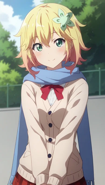 score_9,score_8_up,score_7_up,score_6_up BREAK official art,solo,outdoors,upper body,(portrait:1.5),looking at viewer,facing viewer,smile,blush,Tapris Sugarbell Chisaki,short hair,two-tone hair,blonde hair,hair ornament,hair flower,green flower,hair between eyes,parted bangs,green eyes,blue scarf,beige cardigan,red ribbon,collared shirt,white shirt,medium breasts,red skirt,plaid skirt,pleated skirt,black pantyhose,loafers,<lora:Tapris Sugarbell Chisaki(gd)-Pony:1.4>,