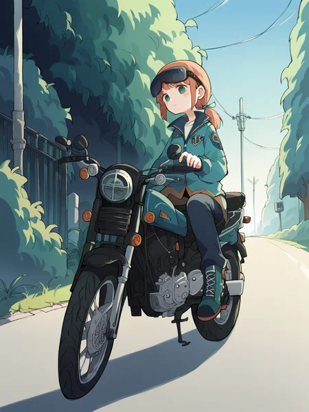 source_anime, score_9, score_8_up, score_7_up, score_6_up, score_5_up, <lora:4m00lXLP:1> 4m00l, 1girl, motorcycle,