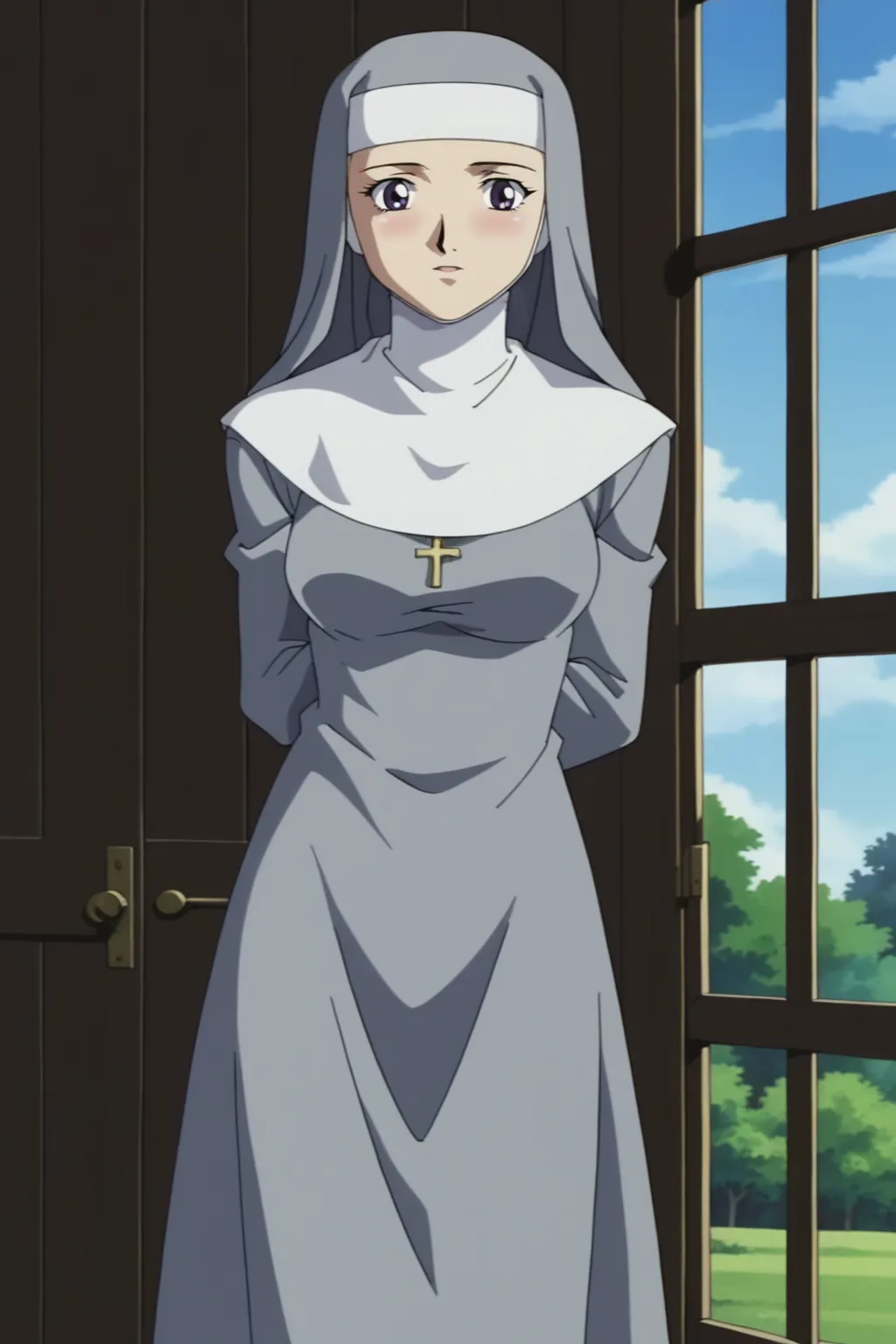 score_9, best, masterpiece, uncensored, fake screenshot, anime still, 
1girl, solo, 1990s (style), retro artstyle, hands behind back, 
OniTenseiYasukoKurisu, 
habit, nun, grey clothing, 
 <lora:OniTenseiYasukoKurisu_V2:0.85>
--pin-shared-memory
--cuda-malloc
--cuda-stream
