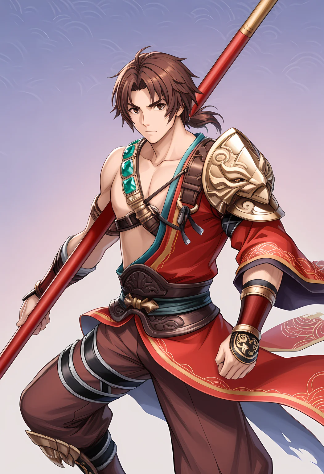 masterpiece, best quality, amazing quality, dutch angle, abstract background, BREAK
solo, male focus, sc_kilik, short hair, brown hair, low ponytail, brown eyes, shoulder armor, dvapara-yuga, brown pants, red polearm, weapon, BREAK
<lora:cfg_scale_boost:.6> <lora:Kilik_-_Soul_Calibur_-_ILXL:1>