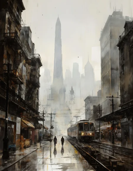 AquarelleIV. A digital illustration shoot from a low angle about a futuristic cityscape with silhouettes of two people walking on a rainy street, accompanied by a train in the background. the scene is set in a city with tall buildings on both sides, and the background features a foggy, misty atmosphere with a distant city skyline. the image also shows a train on the tracks in the foreground, with raindrops visible on the ground. on the left side of the image, there is a partially collapsed building with a fire escape, and on the right side, a tall, obelisk-like structure can be seen. the overall mood is dark and moody, with a sense of urban decay and urban decay.