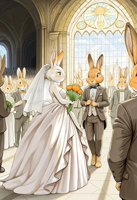 Bpstyle, 1girl, 1man, (1man, (rabbit male:1.2) wearing suit and bowtie, (rabbit male with white fur:1.2)), (1girl, (female vixen:1.3) wearing bride gown and holding flowers, orange and white fur, updo), indoors, cathedral, interspecies crowd attending, sun rays through colored windows,
