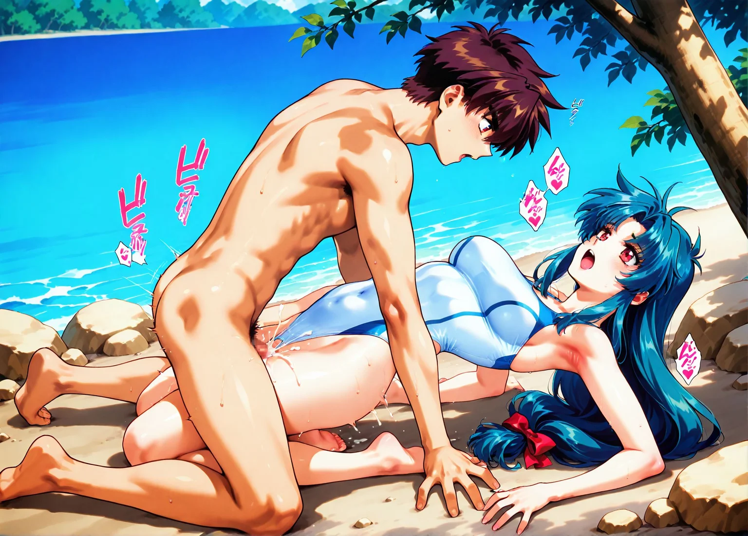 <lora:add-detail-xl:0.5>,masterpiece,best quality,anime coloring,anime screenshot,
<lora:Straight-Arm_Missionary:0.7> Straight-Arm_Missionary,
Straight-Arm Missionary, from front,knees bent, feet tucked under hips,
missionary position, full body contact, cum, soldes,penis,from above,
hands on ground, arms straight, deep penetration, intimate pose,
moaning, cum in pussy, sound effects, bottomless,
arched back, kneeling with bent knees,
clothed female nude male,
BREAK
full metal panic! invisible victory, official art,
Kaname Chidori,Sousuke Sagara,long hair,swimsuit,armpits,one-piece swimsuit,blue hair, 1990s (style),red eyes,retro artstyle,aqua hair,brown hair ,water,tree,rock, <lora:Shiki Doji_illustriousXL:0.8>,
bald,
BREAK
20YO,milf,adult,