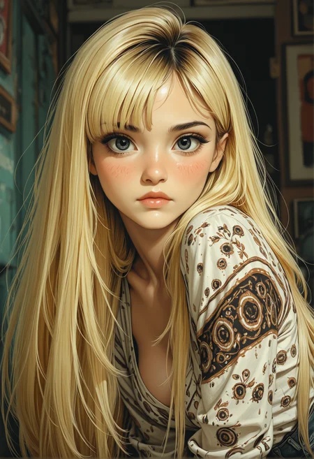 high_quality, highres, detailed_eyes, beautiful, detailed, masterpiece, best quality, absurdres, 8k, HDR, face_focus,
1girl, blush, looking at viewer, swept_bangs, side_bangs, hair_slicked_forward, messy_hairdo, very_long_hair, blonde, retro, grunge