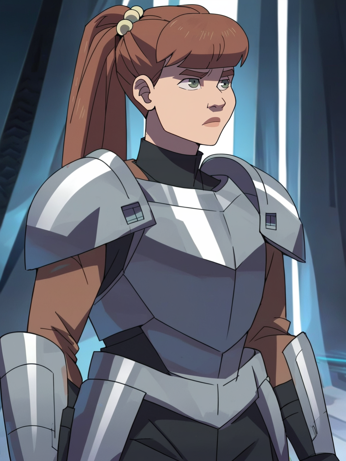 <lora:monster_girlv2:1> m_g, 1girl, brown ponytail hair, bangs, hairpin, small body, skinny body, grey eyes,
steel knight armor, castle background, hips, score_9, score_8_up, score_7_up,