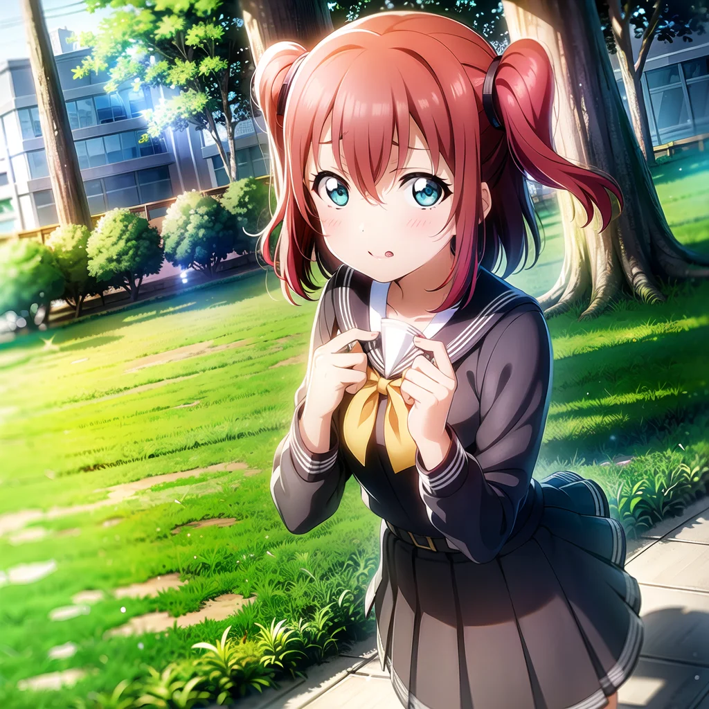 1girl, solo,(best quality),(masterpiece:1.1),(school uniform:1.4),green eyes, dress, looking_at_viewer, neck_ribbon, cute, clear facial skin,