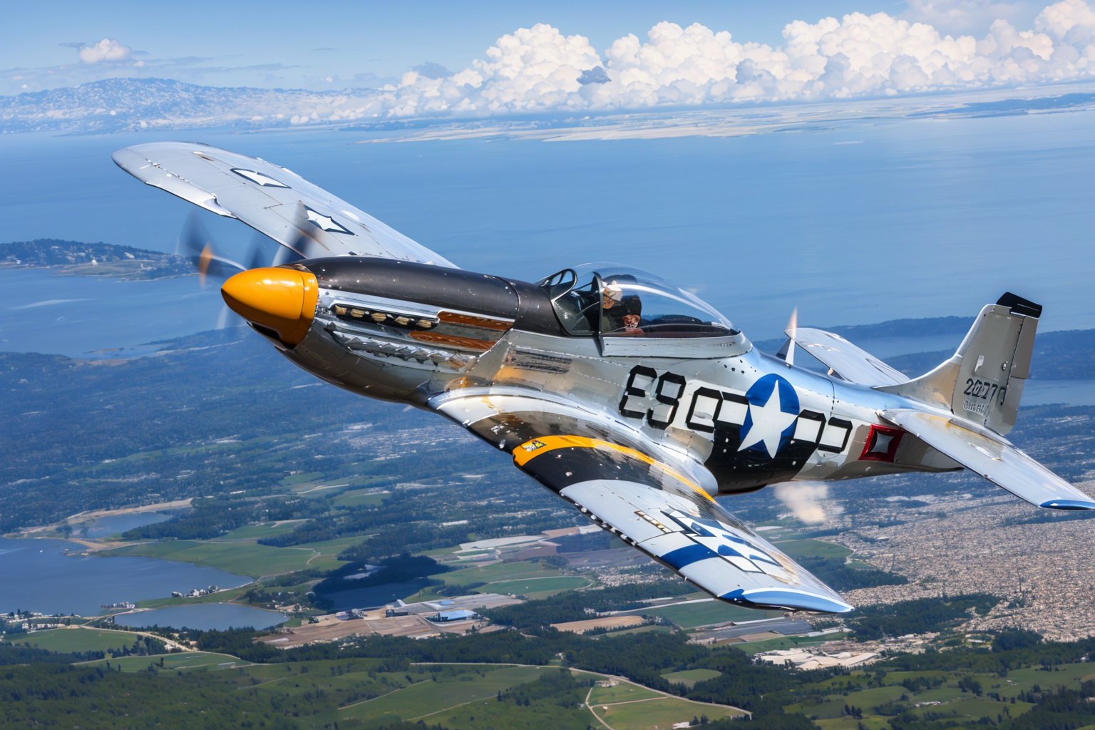 (masterpiece, best quality:1.2), ultra-detailed, flying through a blue sky P-51Mustang, (realistic:1.5), <lora:EdobP51Mustang_v1.0:0.8>